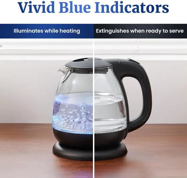 Alt view image 5 of 7 - Elite Gourmet EKT1001 Electric 1.0L BPA-Free 1100W Glass Kettle Cordless 360° Base, Stylish Blue LED Interior, Handy Auto Shut-Off Function  Quickly Boil Water For Tea & More, Black