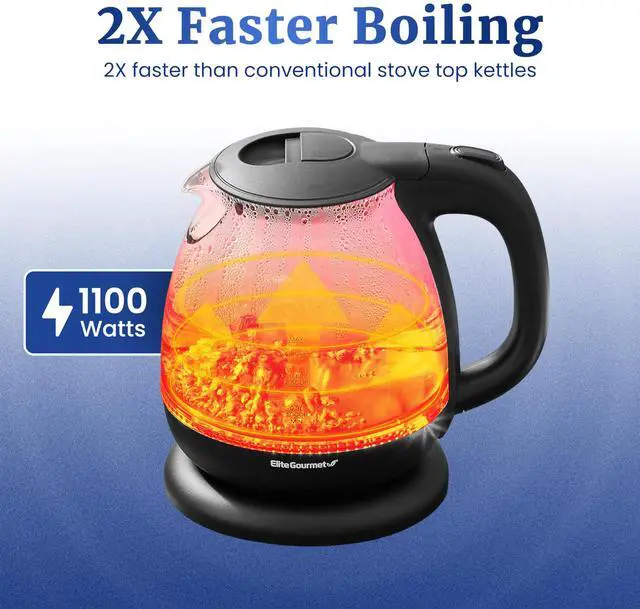 Alt view image 2 of 7 - Elite Gourmet EKT1001 Electric 1.0L BPA-Free 1100W Glass Kettle Cordless 360° Base, Stylish Blue LED Interior, Handy Auto Shut-Off Function  Quickly Boil Water For Tea & More, Black