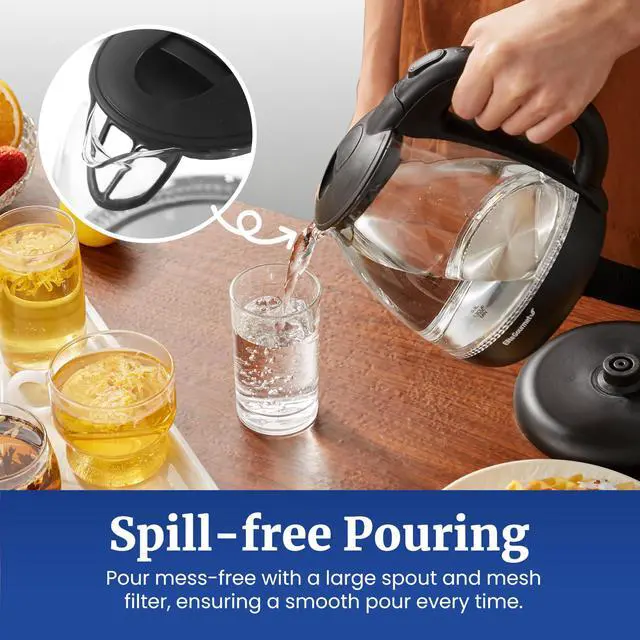 Alt view image 7 of 7 - Elite Gourmet EKT1001 Electric 1.0L BPA-Free 1100W Glass Kettle Cordless 360° Base, Stylish Blue LED Interior, Handy Auto Shut-Off Function  Quickly Boil Water For Tea & More, Black