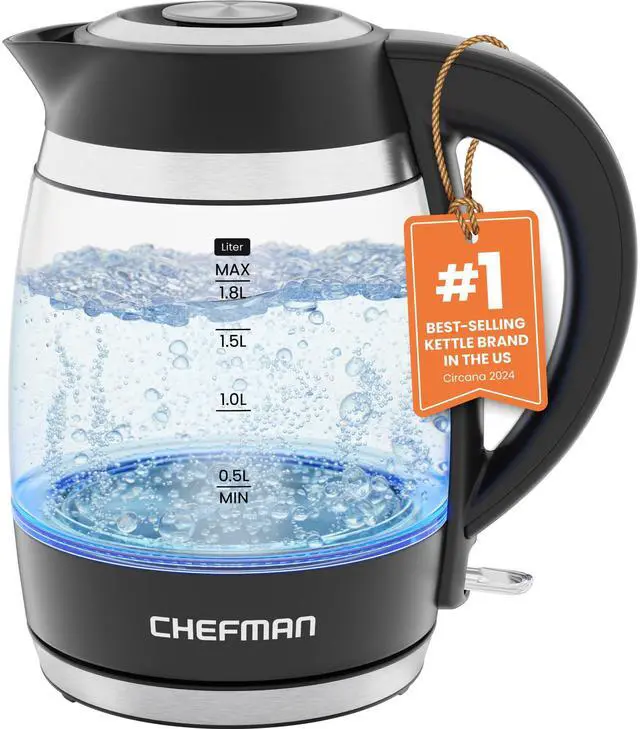 Main image of Chefman Electric Kettle, 1.8L 1500W, Hot Water Boiler, Removable Lid for Easy Cleaning, Auto Shut Off, Boil-Dry Protection, Stainless Steel Filter, BPA Free, Borosilicate Glass Electric Tea Kettle