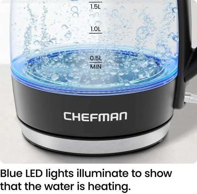 Alt view image 4 of 7 - Chefman Electric Kettle, 1.8L 1500W, Hot Water Boiler, Removable Lid for Easy Cleaning, Auto Shut Off, Boil-Dry Protection, Stainless Steel Filter, BPA Free, Borosilicate Glass Electric Tea Kettle