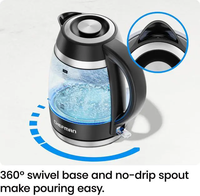 Alt view image 5 of 7 - Chefman Electric Kettle, 1.8L 1500W, Hot Water Boiler, Removable Lid for Easy Cleaning, Auto Shut Off, Boil-Dry Protection, Stainless Steel Filter, BPA Free, Borosilicate Glass Electric Tea Kettle