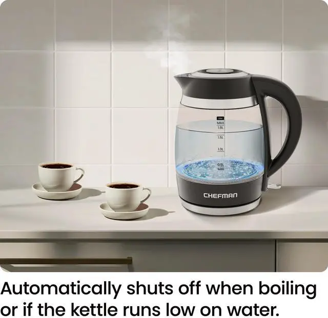 Alt view image 7 of 7 - Chefman Electric Kettle, 1.8L 1500W, Hot Water Boiler, Removable Lid for Easy Cleaning, Auto Shut Off, Boil-Dry Protection, Stainless Steel Filter, BPA Free, Borosilicate Glass Electric Tea Kettle