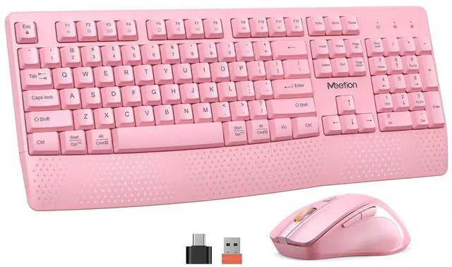 Main image of MEETION Wireless Keyboard and Mouse, Full-Sized Cordless Keyboard with Wrist Rest and 3 DPI Adjustable Mouse, Keyboard and Mouse Set with 2.4GHz USB Receiver, for PC/Computer/Laptop/Windows/Mac, Pink