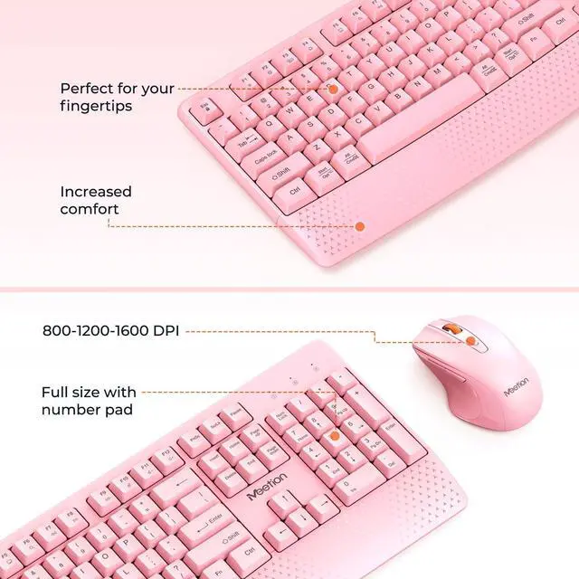 Alt view image 3 of 7 - MEETION Wireless Keyboard and Mouse, Full-Sized Cordless Keyboard with Wrist Rest and 3 DPI Adjustable Mouse, Keyboard and Mouse Set with 2.4GHz USB Receiver, for PC/Computer/Laptop/Windows/Mac, Pink