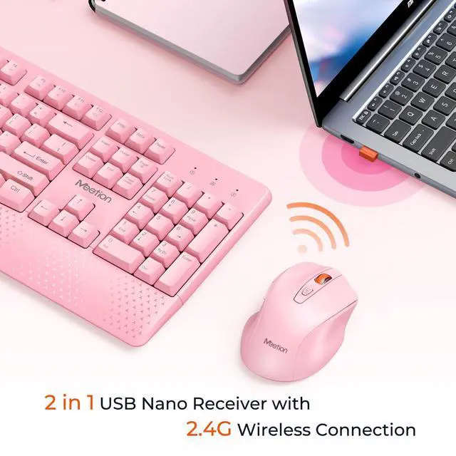 Alt view image 2 of 7 - MEETION Wireless Keyboard and Mouse, Full-Sized Cordless Keyboard with Wrist Rest and 3 DPI Adjustable Mouse, Keyboard and Mouse Set with 2.4GHz USB Receiver, for PC/Computer/Laptop/Windows/Mac, Pink