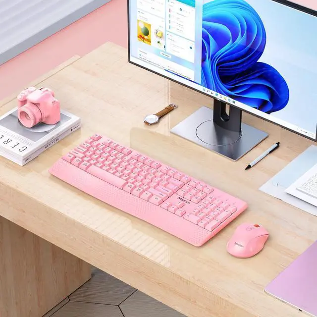 Alt view image 7 of 7 - MEETION Wireless Keyboard and Mouse, Full-Sized Cordless Keyboard with Wrist Rest and 3 DPI Adjustable Mouse, Keyboard and Mouse Set with 2.4GHz USB Receiver, for PC/Computer/Laptop/Windows/Mac, Pink