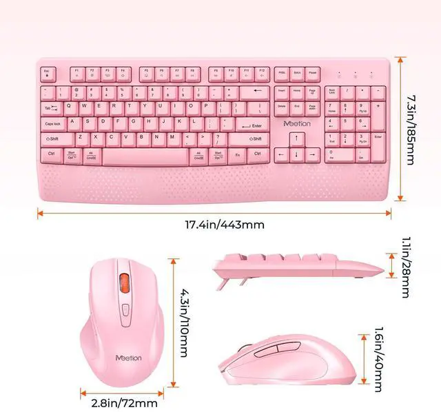 Alt view image 6 of 7 - MEETION Wireless Keyboard and Mouse, Full-Sized Cordless Keyboard with Wrist Rest and 3 DPI Adjustable Mouse, Keyboard and Mouse Set with 2.4GHz USB Receiver, for PC/Computer/Laptop/Windows/Mac, Pink
