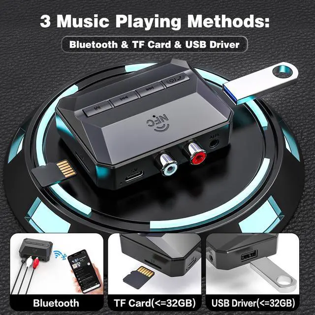 Alt view image 4 of 7 - Bluetooth Receiver, NFC-Enabled RCA/3.5mm AUX USB Drive/TF Card Outputs, Wireless Audio Adapter with Bluetooth 5.3, Volume/Track Control for Home Stereos Speakers Headphones