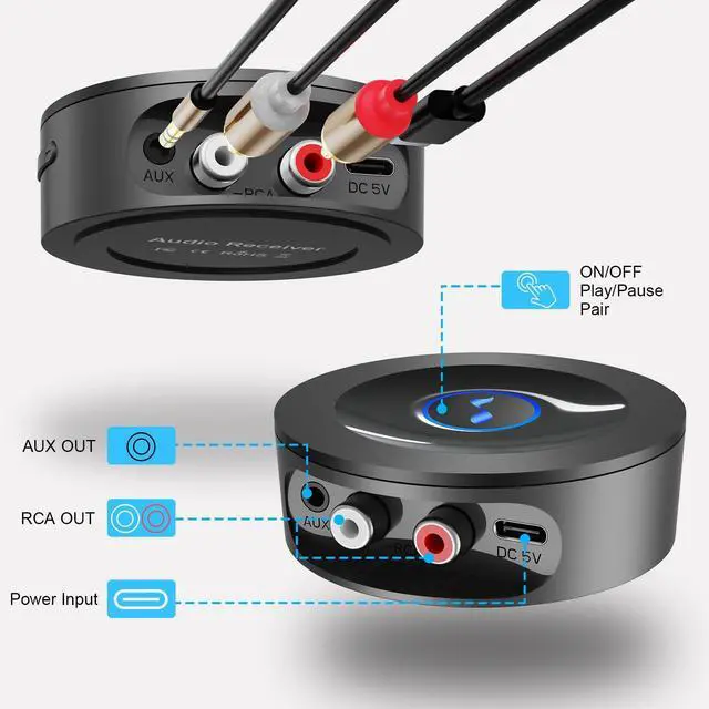 Alt view image 4 of 6 - Bluetooth 5.2 Receiver for Home Stereo AUX Adapter for HiFi Music Streaming, Wired Speakers, with AUX 3.5mm/RCA, Long Range,Low Latency and HD Audio