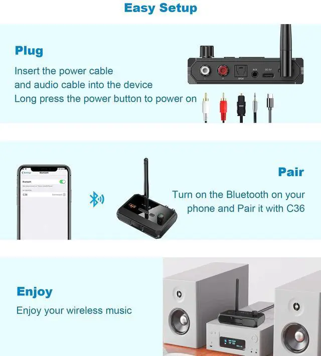 Alt view image 7 of 7 - KAIY Bluetooth 5.3 Receiver for Home Stereo, Optical Low Latency & HD Music Audio Bluetooth to RCA Adapter for Stereo/Speakers/Wired Speakers/Home Audio Music Streaming Stereo System, Support AUX/USB