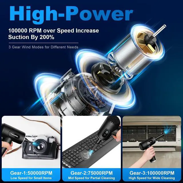 Alt view image 2 of 6 - Compressed Air Duster-3 Gear Adjustable 100000RPM Electric Air Duster with LED Light, Rechargeable Cordless Air Blower for Keyboard Electric Devices Cleaning. Replaces Compressed Air Cans (Black)