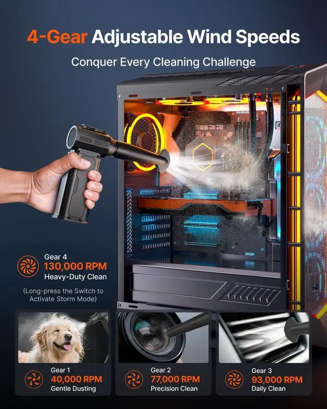 Alt view image 4 of 7 - ZOAIVR Compressed Air Duster, 130,000RPM Ultra-Powerful Cordless Electric Air Duster with 8000mAh Rechargeable Battery, 4-Gear Adjustable Air Blower for Keyboard, Computer, Car, Home Cleaning