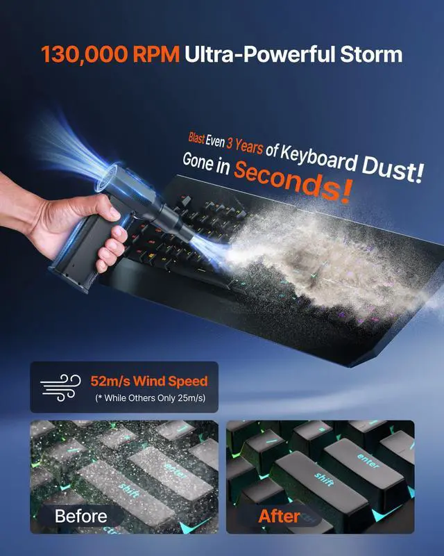 Alt view image 2 of 7 - ZOAIVR Compressed Air Duster, 130,000RPM Ultra-Powerful Cordless Electric Air Duster with 8000mAh Rechargeable Battery, 4-Gear Adjustable Air Blower for Keyboard, Computer, Car, Home Cleaning