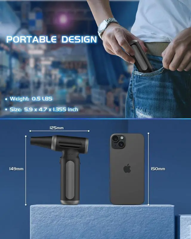 Alt view image 7 of 7 - Electric Compressed Air Duster - 33,0000 RPM Rechargeable Cordless Turbo Blower, Portable Air Blower Gun for Cars, PC, Keyboard, Home & Outdoor Dust Cleaning (Replaces Compressed Air Cans)