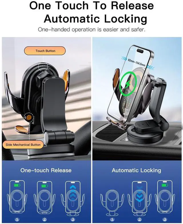 Alt view image 4 of 7 - Wireless Car Charger, ESSAGER 15W Fast Charging Car Phone Holder Mount Auto Clamping Cell Phone Stand for iPhone 15 14 13 12 11 Pro Max, Samsung Galaxy S23 S22 S21