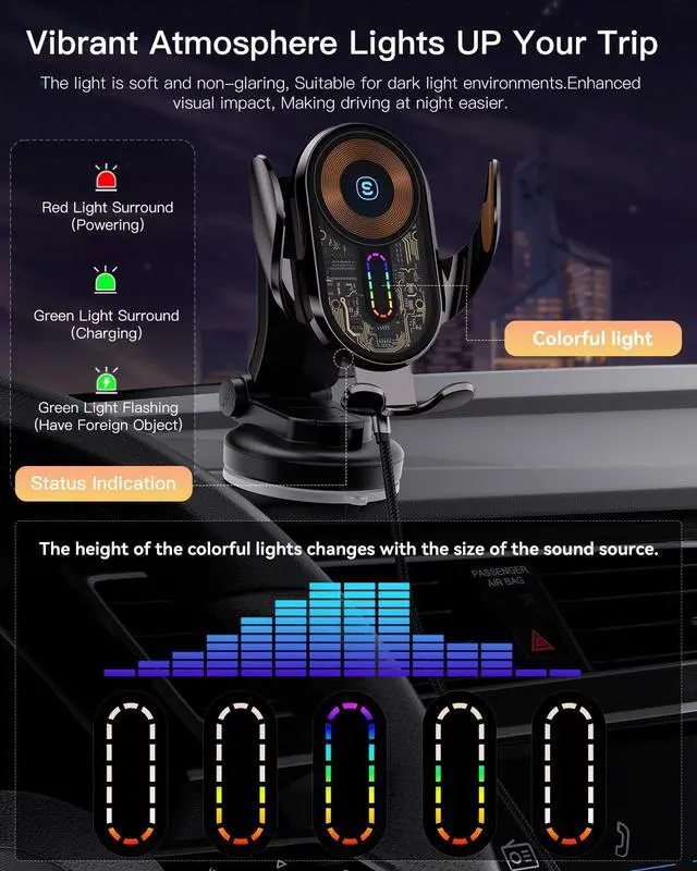 Alt view image 6 of 7 - Wireless Car Charger, ESSAGER 15W Fast Charging Car Phone Holder Mount Auto Clamping Cell Phone Stand for iPhone 15 14 13 12 11 Pro Max, Samsung Galaxy S23 S22 S21