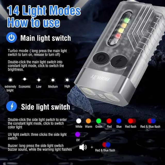 Alt view image 3 of 7 - BORUIT V10 Small Powerful Flashlight with 365nm UV Black Light - Super Bright, USB C Rechargeable Led Keychain Flash Light with Cob Side Light, Magnet