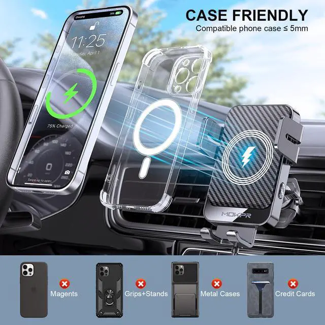 Alt view image 6 of 7 - Wireless Car Charger, MOKPR 15W Fast Charging Auto-Clamping Car Charger Phone Mount Air Vent Cell Phone Holder Compatible iPhone 16/15/14/13/13 Pro/12 pro/12/11, Samsung Galaxy S23/S22/S21/S20, etc