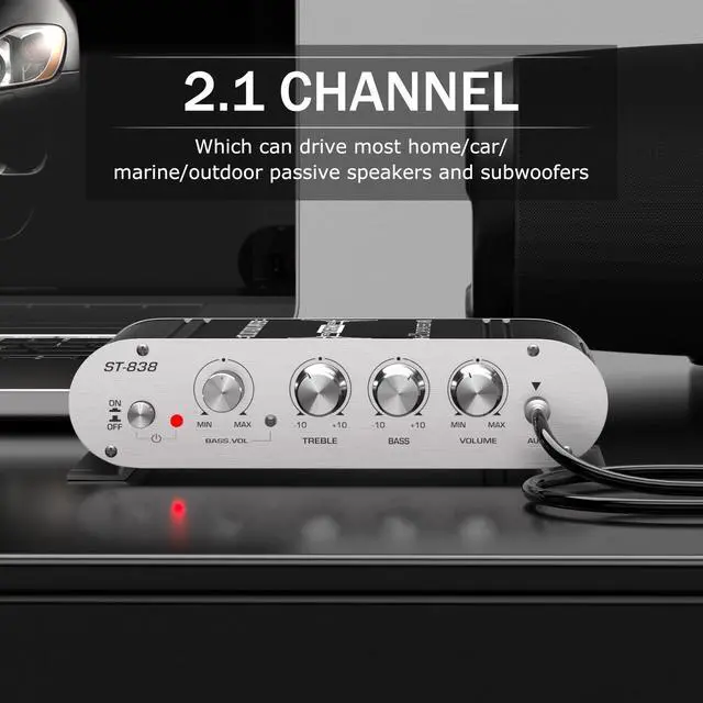 Alt view image 3 of 7 - Facmogu ST-838 2.1 Channel HiFi Stereo Subwoofer Amplifier, RMS 20Wx2+40W Mini Digital Audio Power Amplifier for Home Speakers, 80W Subwoofer Amplifier Audio Stereo Bass Amp with Power Supply - Black