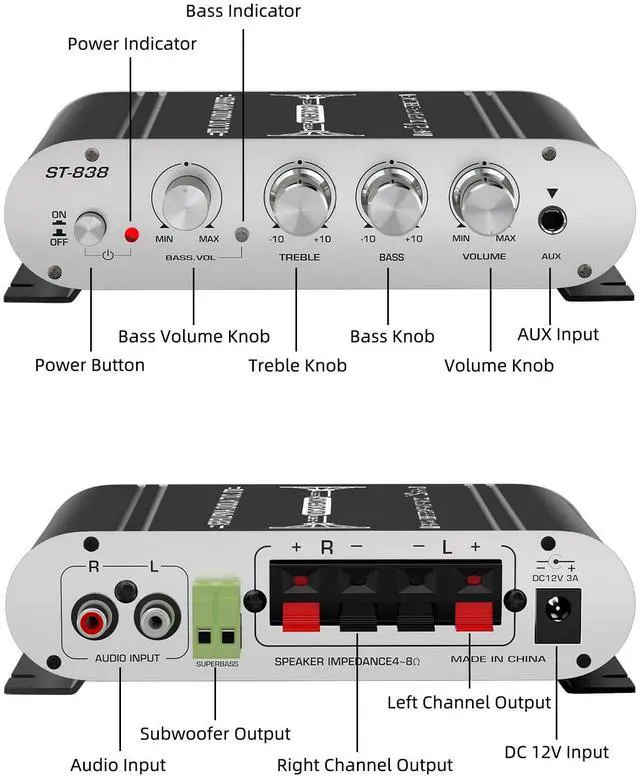 Alt view image 6 of 7 - Facmogu ST-838 2.1 Channel HiFi Stereo Subwoofer Amplifier, RMS 20Wx2+40W Mini Digital Audio Power Amplifier for Home Speakers, 80W Subwoofer Amplifier Audio Stereo Bass Amp with Power Supply - Black