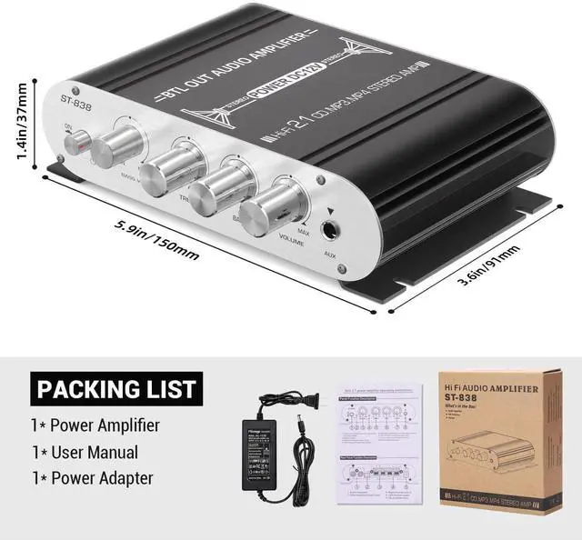 Alt view image 7 of 7 - Facmogu ST-838 2.1 Channel HiFi Stereo Subwoofer Amplifier, RMS 20Wx2+40W Mini Digital Audio Power Amplifier for Home Speakers, 80W Subwoofer Amplifier Audio Stereo Bass Amp with Power Supply - Black