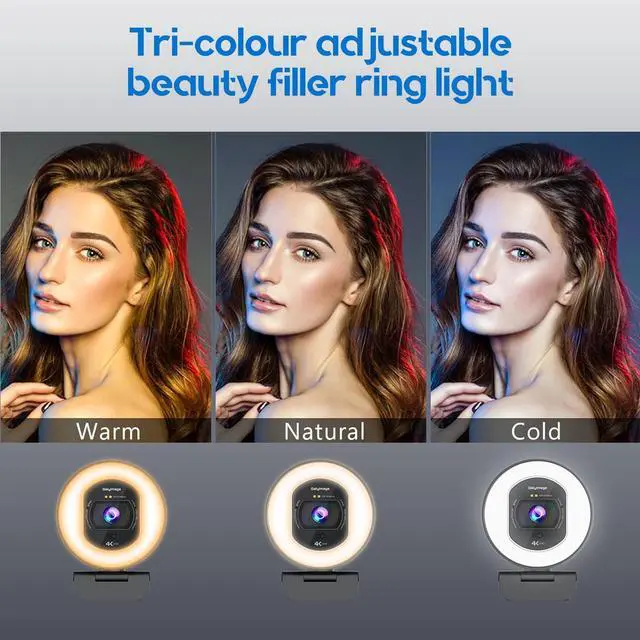 Alt view image 3 of 7 - 4K Webcam with Ring Light Web Cam 4K Autofocus with TOF Computer Camera 1080P 60FPS Web Camera Built-in Privacy Cover and Microphone Streaming Webcams for Switch 2/Zoom/Skype/Google Meet Black