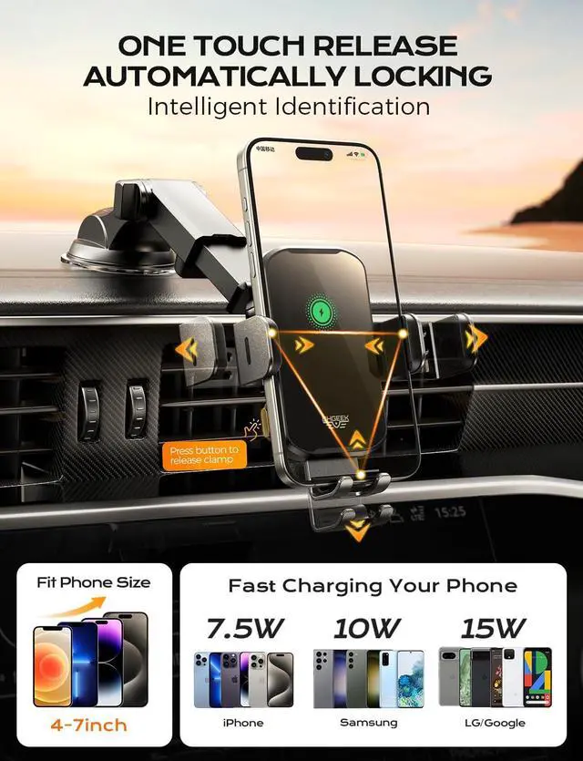Alt view image 4 of 7 - CHGeek Wireless Car Charger Phone Holder Mount, 15W Fast Charging Auto Clamping Phone Holders for Your Car Dashboard Windshield Air Vent Car Accessories for iPhone, Samsung Galaxy, Google Pixel etc