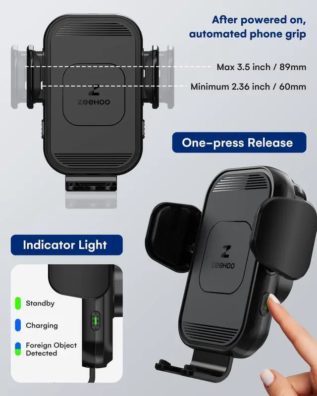 Alt view image 3 of 7 - ZeeHoo Wireless Car Charger, 15w Fast Charging, Auto Clamping Car Phone Mount, Cell Phone Holder Charger, for iphone17 16 15 14 13 12 11 Pro Max Xs, Etc. (Black)