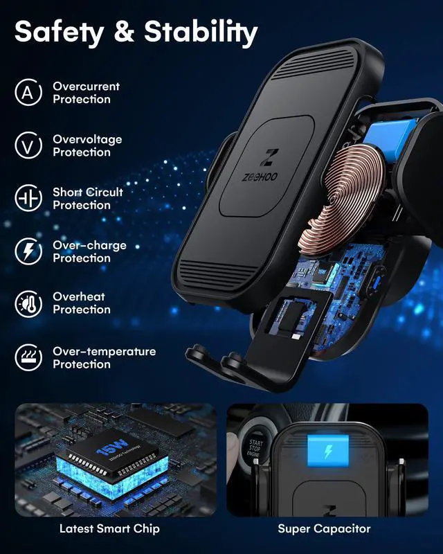 Alt view image 7 of 7 - ZeeHoo Wireless Car Charger, 15w Fast Charging, Auto Clamping Car Phone Mount, Cell Phone Holder Charger, for iphone17 16 15 14 13 12 11 Pro Max Xs, Etc. (Black)