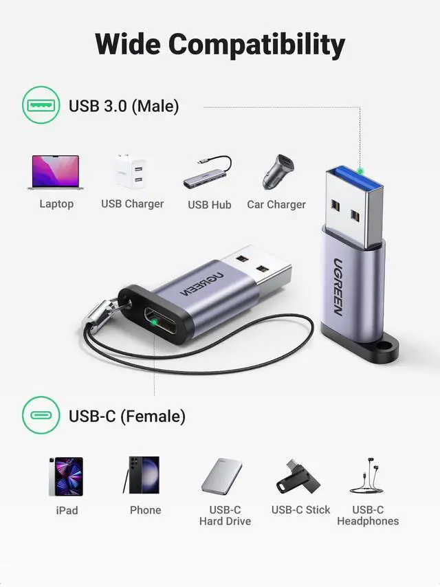 Alt view image 5 of 7 - UGREEN 10Gbps USB C Female to USB Male Adapter 2 Pack, Type C to USB A Charger Cable Converter Compatible with Apple Watch iPhone 15 14 13 AirPods 3 MacBook Samsung Galaxy Note Google Pixel etc Gray