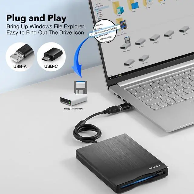 Alt view image 3 of 7 - RAAYOO Floppy Disk Reader 3.5 inch USB A/C Floppy Disk Drive for PC Laptop Computer with Windows 11/10/7/XP, External Portable Floppy Disc Drive (Brushed Striation)