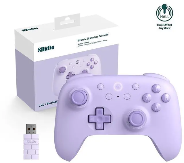Main image of 8Bitdo Ultimate 2C Wireless Controller for Windows PC & Android, Hall Effect Joysticks and Triggers, PC Controller with 1000 Hz Polling Rate, Remappable L4/R4 Bumpers, Purple