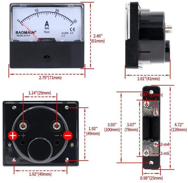 Alt view image 4 of 6 - Baomain DH-670 30A Analog Amp Panel Meter Current Ammeter DC 0-30A with Shunt