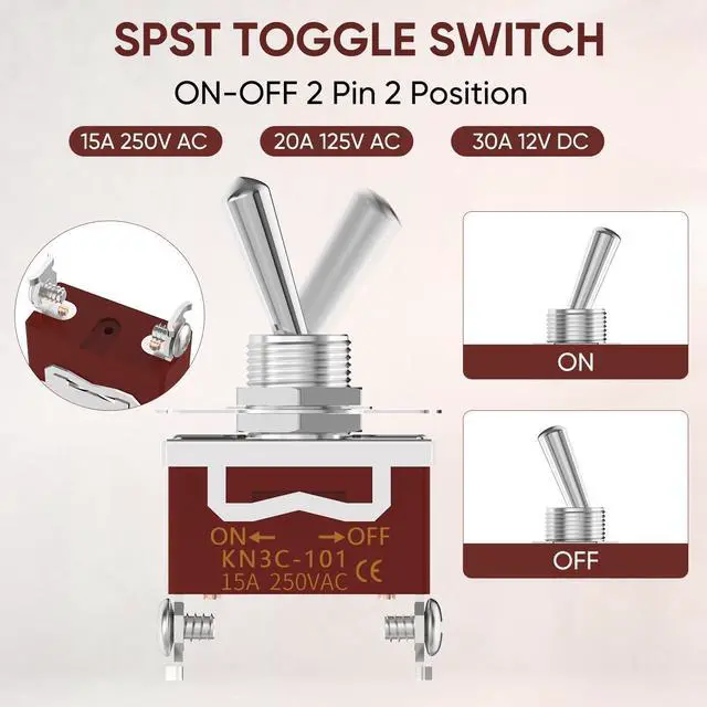 Alt view image 4 of 7 - MecRecare Toggle Switch ON-Off Waterproof 2 Way 30A 12VDC/15A 250VAC 2 Position 120V SPST with Boot Cap Cover for Auto Boat Marine (Pack of 5)