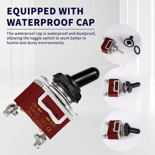 Alt view image 6 of 7 - MecRecare Toggle Switch ON-Off Waterproof 2 Way 30A 12VDC/15A 250VAC 2 Position 120V SPST with Boot Cap Cover for Auto Boat Marine (Pack of 5)