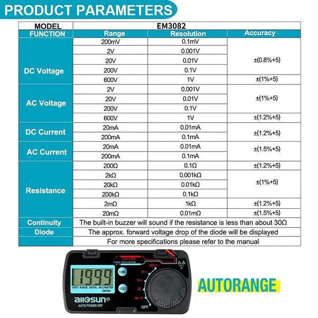 Alt view image 7 of 7 - allsun Mini Auto Range Folding Digital Multimeter Automotive Tester AC DC Volt AMP Ohm LCD Travel Voltmeter Ammeter Continuity Tester Auto Power Off EM3082