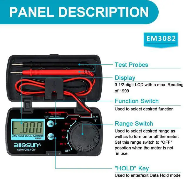 Alt view image 2 of 7 - allsun Mini Auto Range Folding Digital Multimeter Automotive Tester AC DC Volt AMP Ohm LCD Travel Voltmeter Ammeter Continuity Tester Auto Power Off EM3082