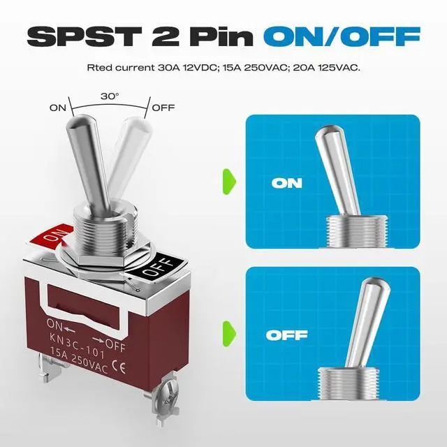 Alt view image 3 of 7 - Toggle Switch, Malictele 12V 30A HeavyDuty ON/Off 2Pin SPST Waterproof Toggle Switch with Waterproof Cap and Terminals for Auto Car Boats- 2Pack