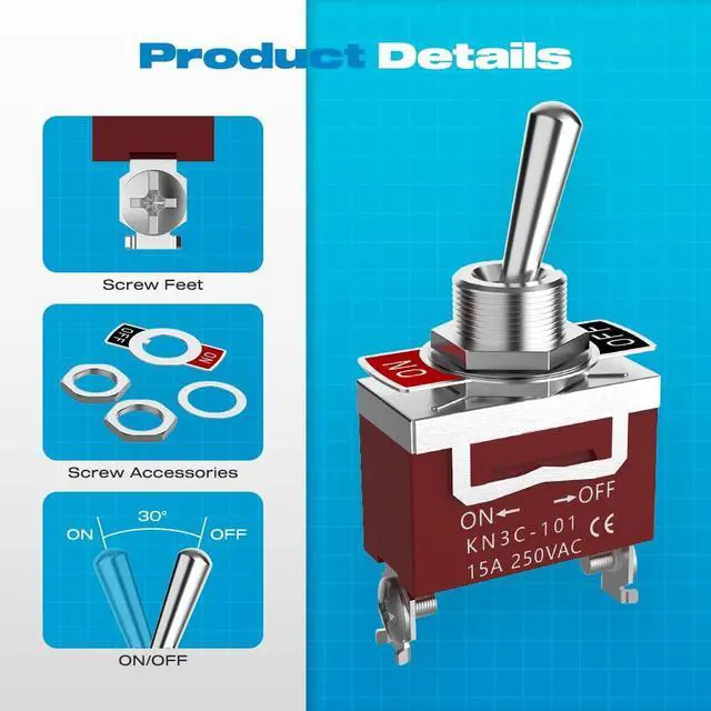 Alt view image 6 of 7 - Toggle Switch, Malictele 12V 30A HeavyDuty ON/Off 2Pin SPST Waterproof Toggle Switch with Waterproof Cap and Terminals for Auto Car Boats- 2Pack
