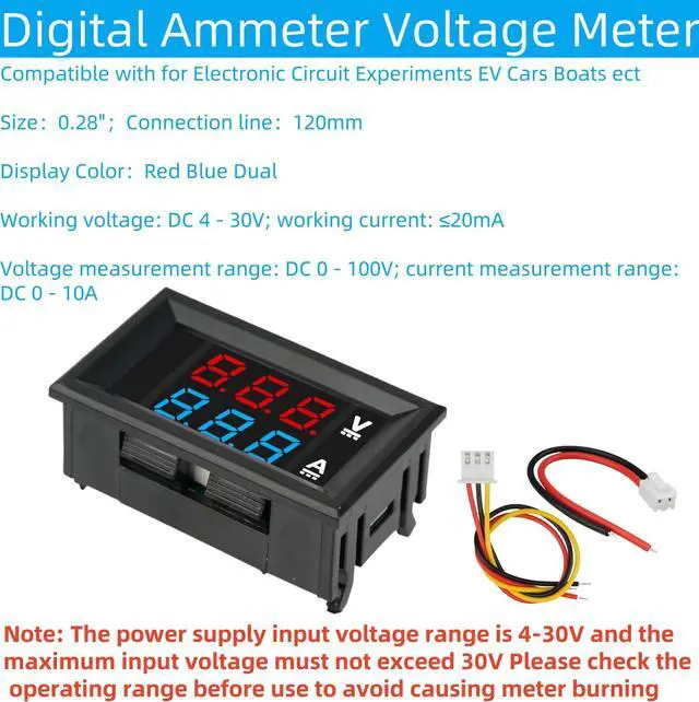 Alt view image 3 of 6 - MTDELE 3Pcs Ammeter Voltage Meter Digital DC 0-100V 10A 0.28" LED Display Red Blue Dual with Connect Wires Compatible with for Electronic Circuit Experiments EV Cars Boats ect