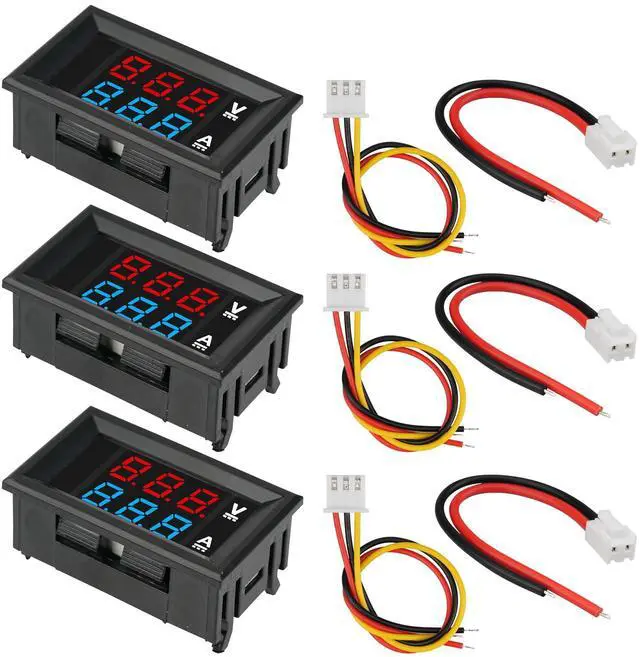 Main image of MTDELE 3Pcs Ammeter Voltage Meter Digital DC 0-100V 10A 0.28" LED Display Red Blue Dual with Connect Wires Compatible with for Electronic Circuit Experiments EV Cars Boats ect