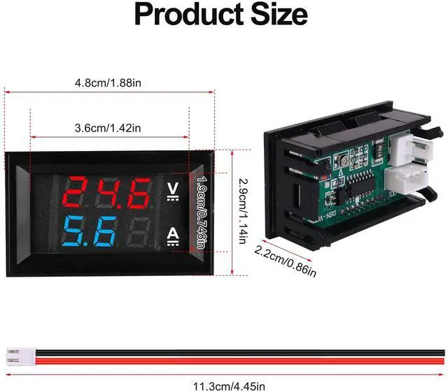 Alt view image 2 of 7 - 0.28" Volt Meter, DC 0-100V 10A Digital Voltmeter Ammeter Dual 3 Bits LED Display with Connect Wires Mini Ammeter Voltmeter for Electronic Circuit Experiments Cars RV Solar Energy
