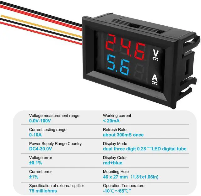 Alt view image 4 of 7 - 0.28" Volt Meter, DC 0-100V 10A Digital Voltmeter Ammeter Dual 3 Bits LED Display with Connect Wires Mini Ammeter Voltmeter for Electronic Circuit Experiments Cars RV Solar Energy