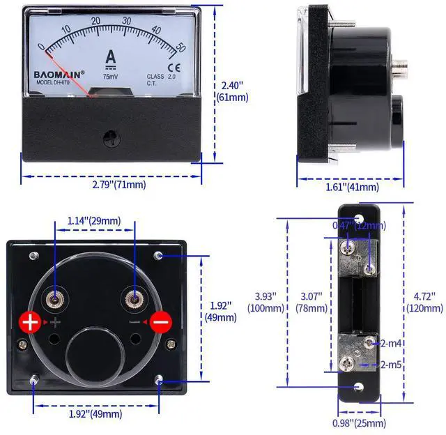 Alt view image 4 of 7 - Baomain DH-670 DC 0-50A Analog Amp Panel Meter Current Ammeter with 75mV Shunt
