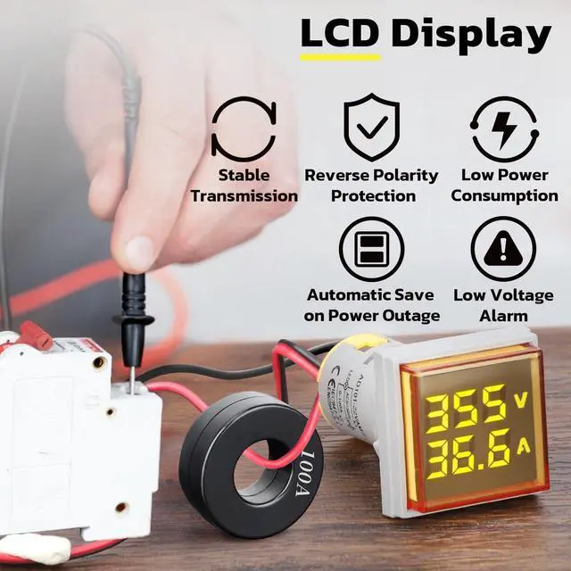 Alt view image 3 of 7 - DROK AC Volt Amp Tester, 3pcs AC 60-500V 100A Voltage Current Monitor Digital LED Display Voltmeter 110v 220v Volt Detetor Green Red Yellow Signal Indicator Light Panel