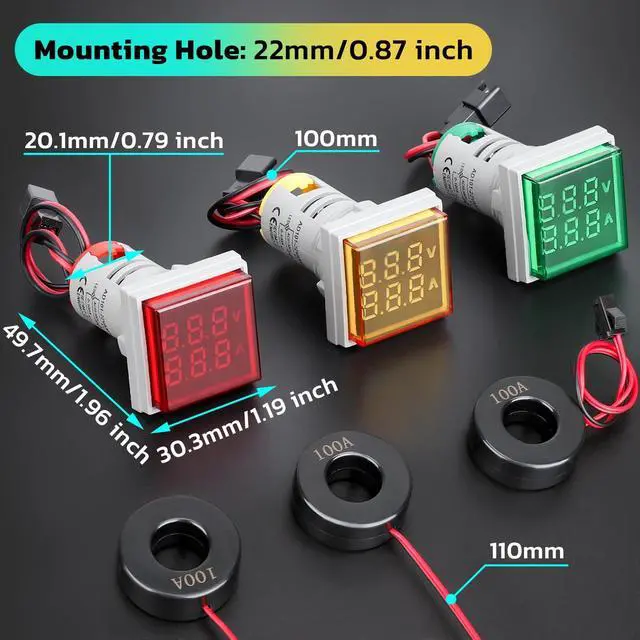 Alt view image 4 of 7 - DROK AC Volt Amp Tester, 3pcs AC 60-500V 100A Voltage Current Monitor Digital LED Display Voltmeter 110v 220v Volt Detetor Green Red Yellow Signal Indicator Light Panel