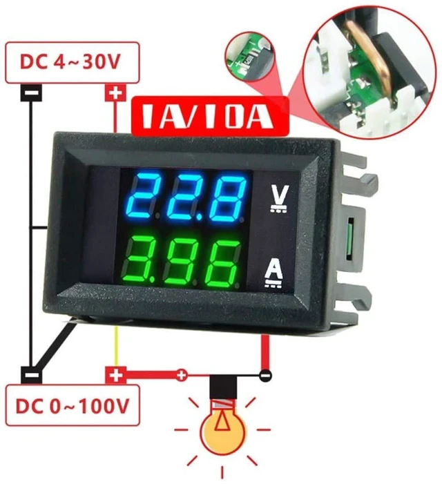 Alt view image 4 of 6 - 5PCS 0.28" Volt Amp Meter Digital Voltmeter Ammeter DC 100V 10A Waterproof Dual Display Current Voltage Meter Mini Ammeter Voltmeter 3 Bits Dual LED Display Panel(Blue-Green)