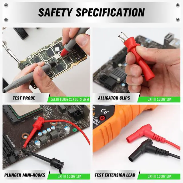 Alt view image 7 of 7 - 11-Piece Multimeter Test Leads Set, CAT III 1000V 20A Multimeter Probes with Alligator Clips, Needle Probe, Banana Plug to Hook Clip, Soft PVC Volt Meter Lead