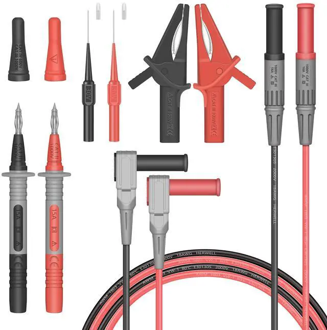 Main image of KEHIPI Test Leads Set Double Insulated Electrical Multimeter Test Lead Kit, Test Leads Probes 4mm Banana Plug with Alligator Clips 30A and Needle Probe 0.7mm